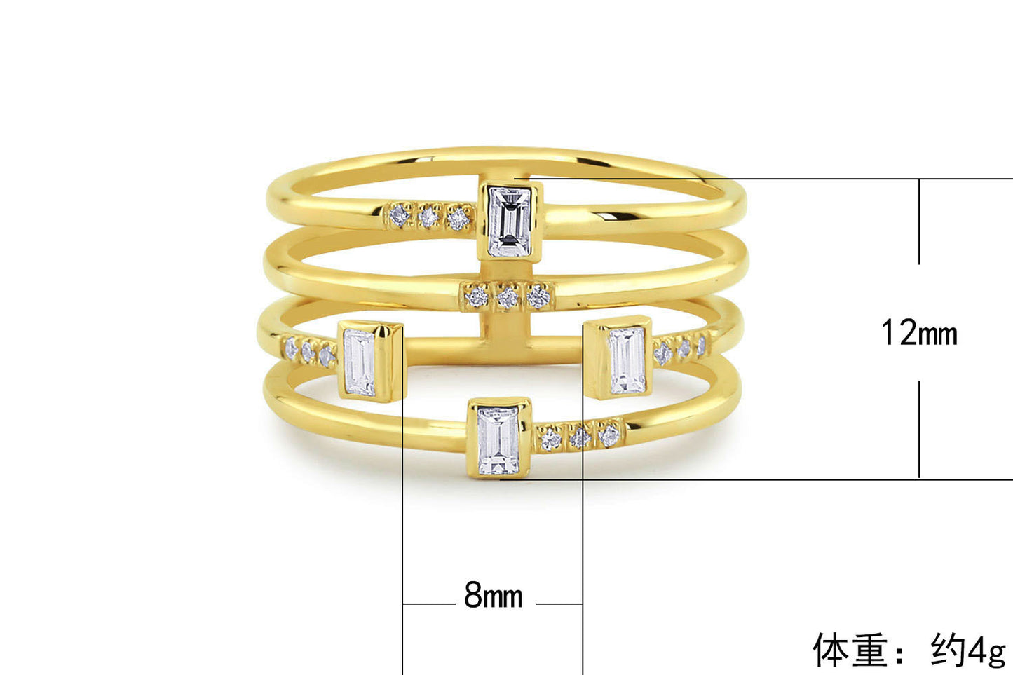 Four Line Ladies Ring Copper Plated Silver Zircon Party Jewelry Fashion Geometric Inlay Elegant Gift For Women