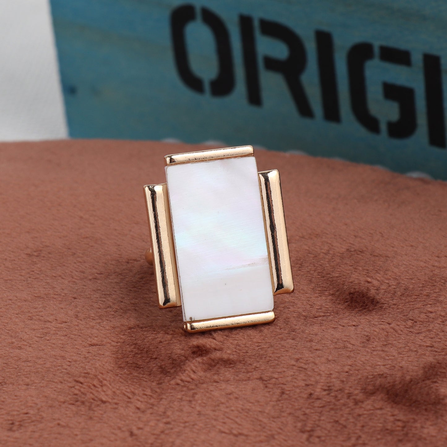 Rectangular Abalone Shell Inlaid Ring Geometric Design