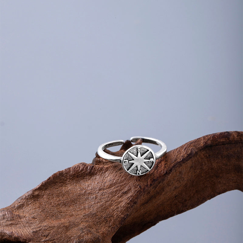 Vintage Compass Ring Adjustable Directional Statement Ring Zinc Alloy Silver Finish Round Unisex Jewelry Style