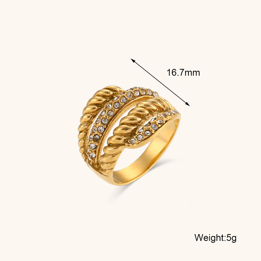 Womens Stainless Steel Ring Four Layer Diamond Feather Design Ring Waterproof Rust Proof Allergy Proof Elegant
