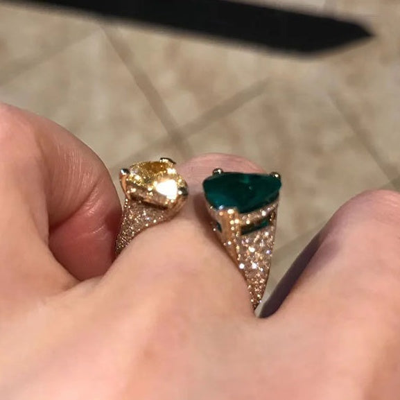 Womens Adjustable Diamond Emerald Heart Ring Gold Plated Brass Elegant Fashion Jewelry Durable Versatile Gifts