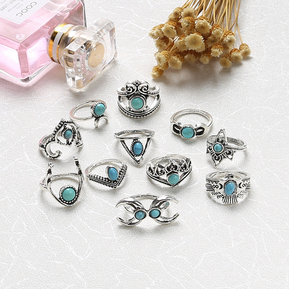 Turquoise Jewelry Set Women 11 Piece Antique Silver Alloy Ring Collection With Retro Crescent Owl Classic Owls