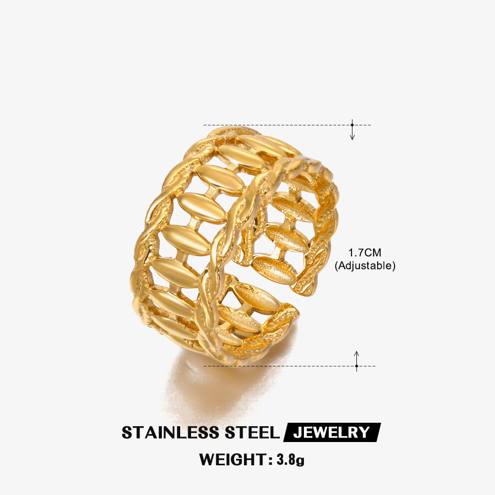 Womens Adjustable Stainless Steel Open Ring Geometric Round European Style Gold or Steel Finish Open Mouth Design