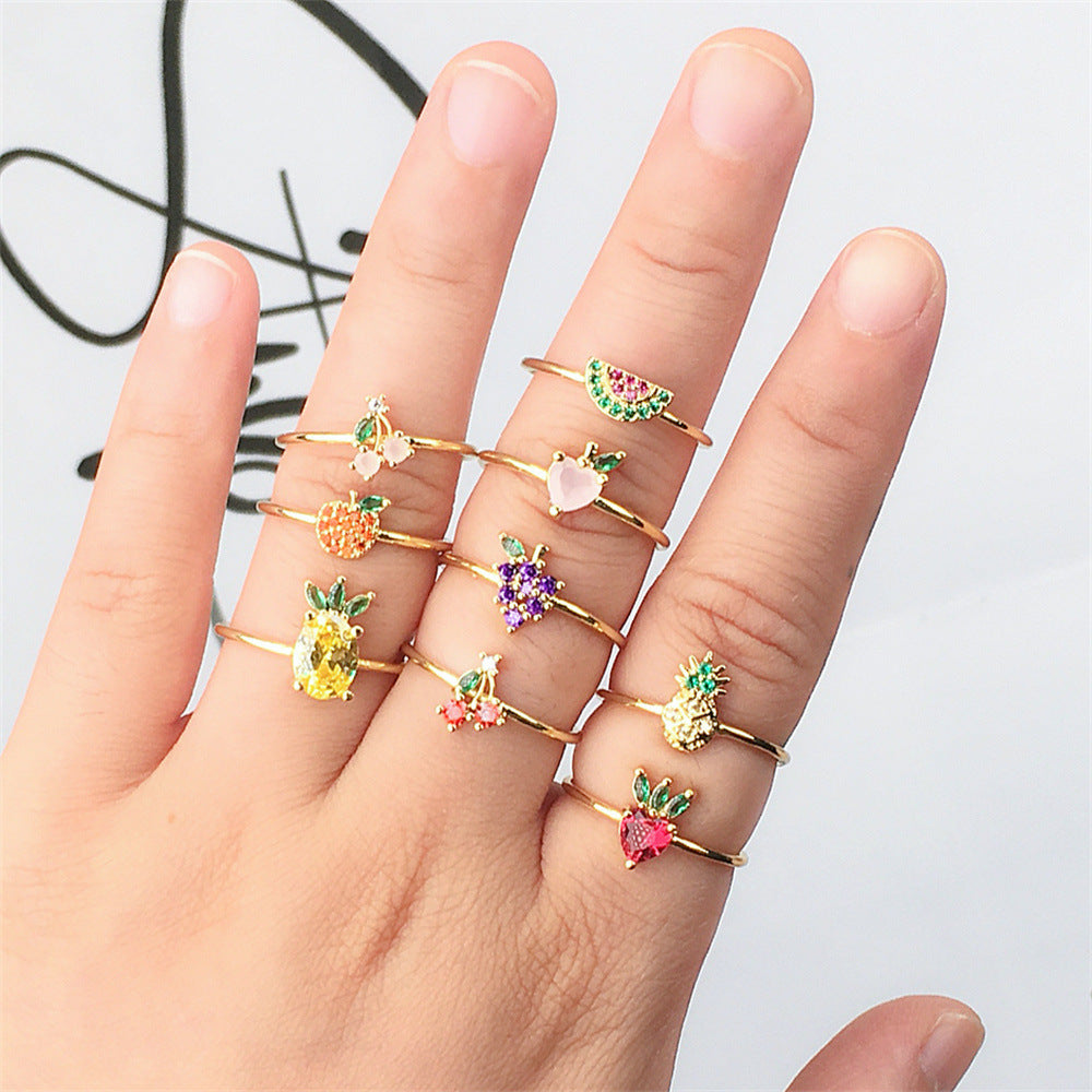 Fruit Zircon Copper Ring for Women Cute Design with Apple Watermelon Cherry Strawberry Grape Pineapple Peach Pine
