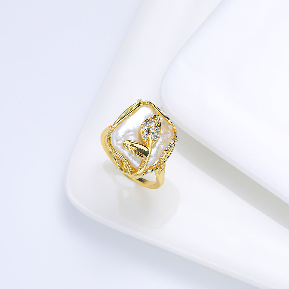 Geometric Baroque Freshwater Pearl Ring Inlaid Open Adjustable Jewelry Statement Piece Elegant Design Classics