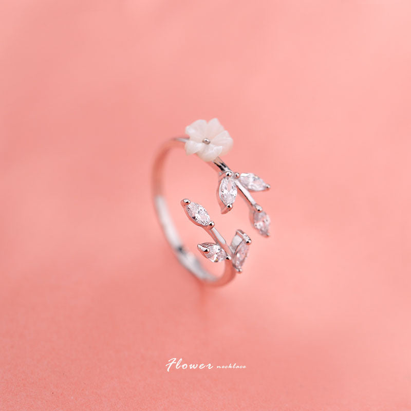Flower Ring For Women Adjustable Opening Korean Fashion White Gold Electroplated Copper Zircon Accents Floral Jewelry