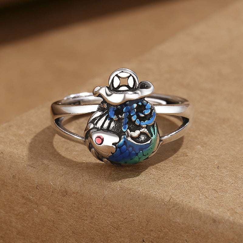 Vintage Burnt Blue Copper Open End Ring With Ethnic Koi Pattern Retro Style For Women Adjustable For Daily Use