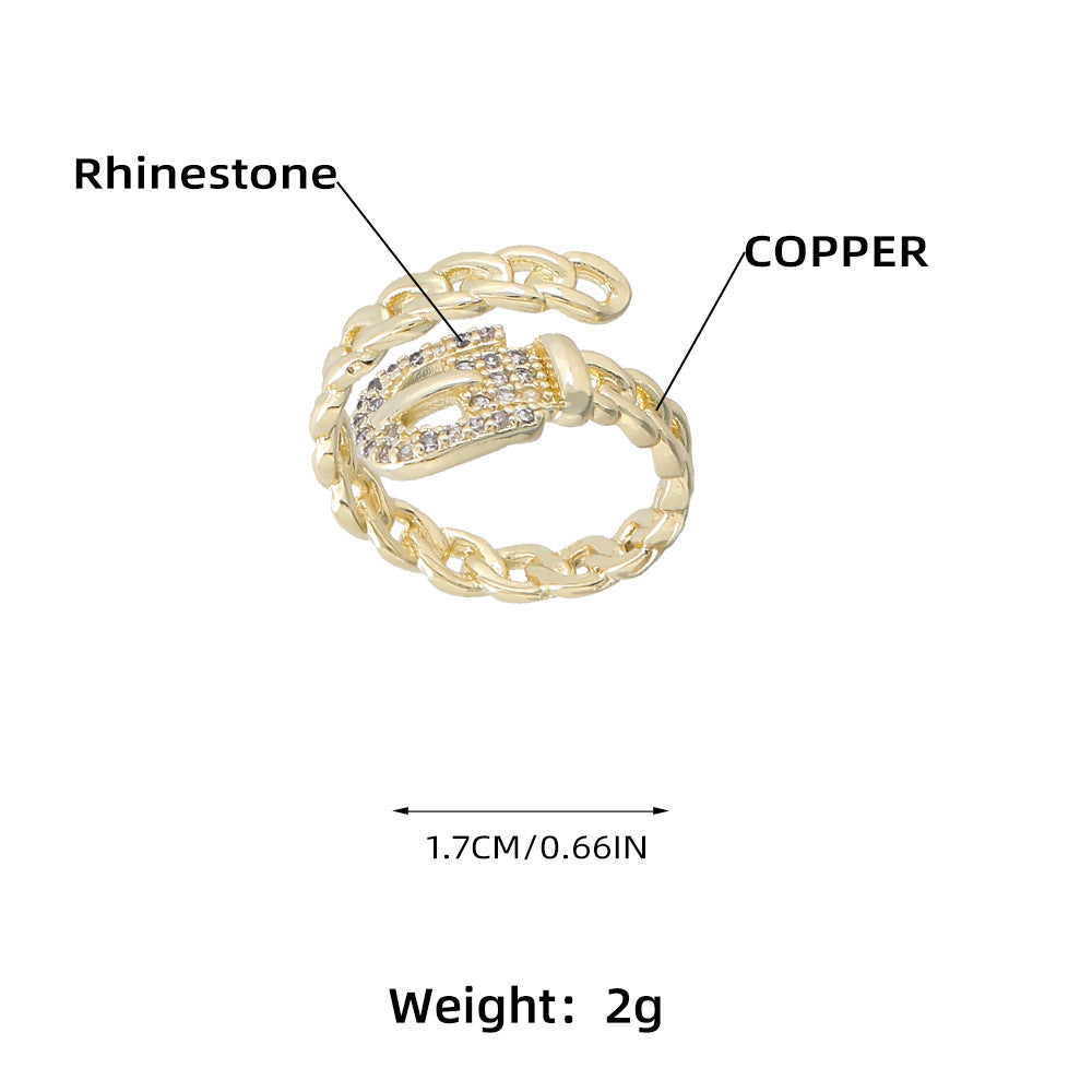 Copper Ring With Micro Diamond Rhinestone Belt Ring Elegant Womens Fashion Ring Gift For Her Gold Tone Finish Sparkling
