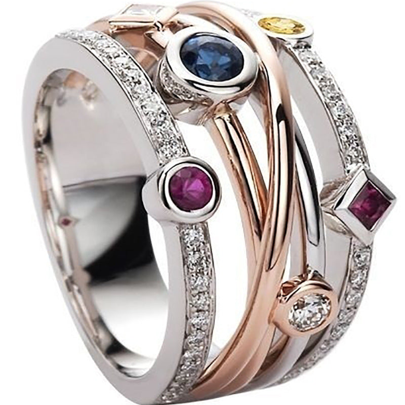 Hip Hop Style Geometric Zircon Ring Gold Plated Copper Inlaid Colorful Zircon Trendy Fashion Jewelry for Men Women