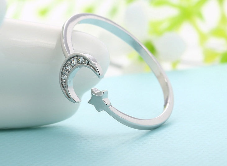 Womens Open Ring With Star And Moon Design Copper Ring Cubic Zirconia Crystal Fashion Jewelry Unique Ring Stylish