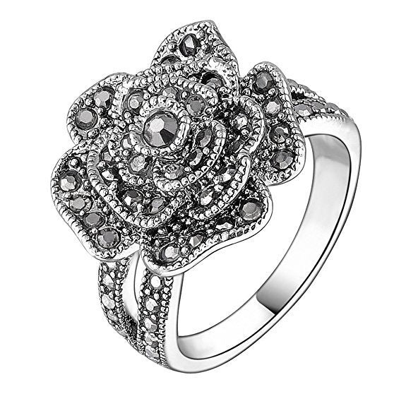 Womens Rose Ring Silver Alloy With Sparkling Crystal Exquisite Design Ring Perfect Gift Accessory Elegant Everyday Wear