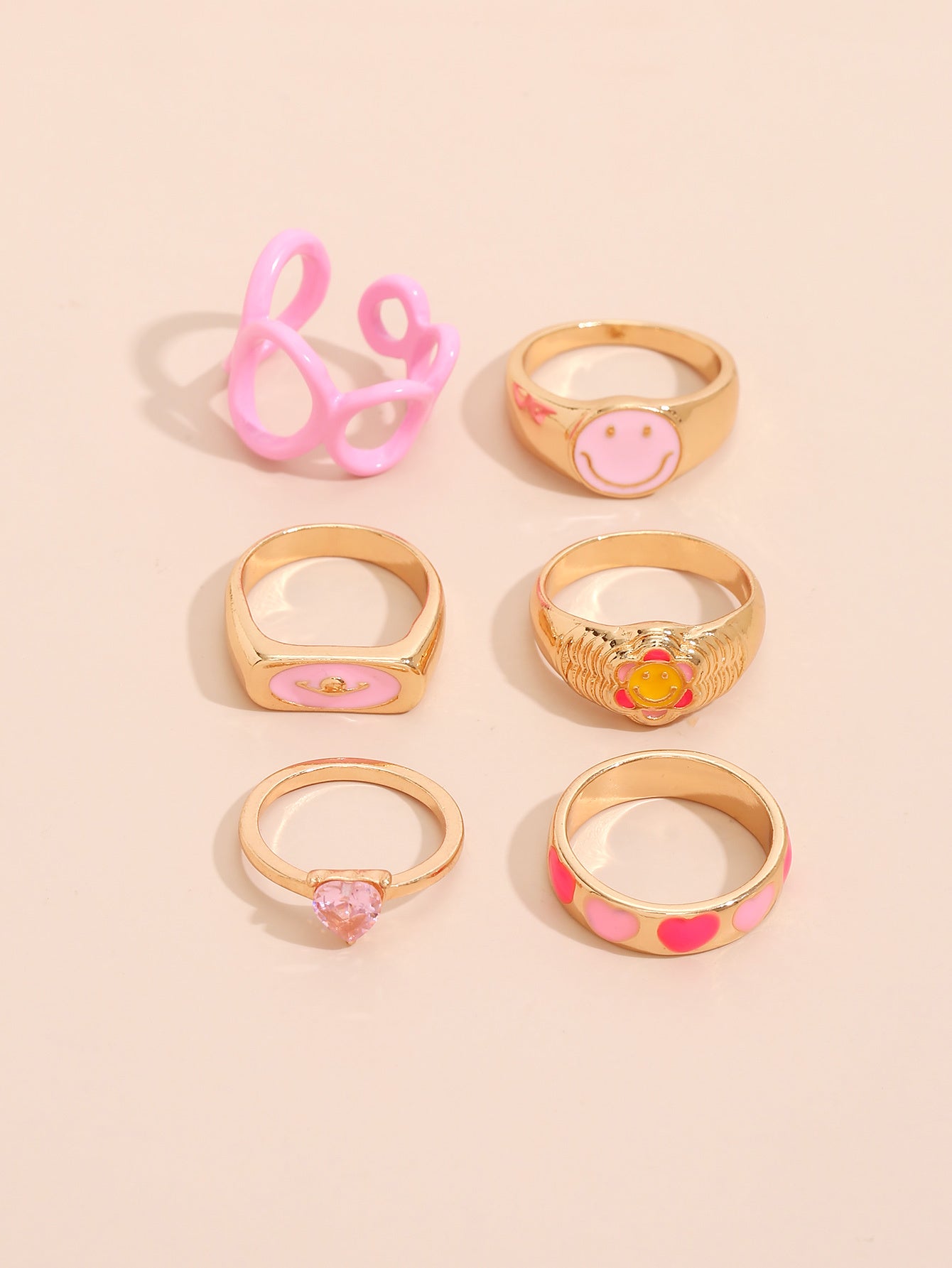 Womens Korean Geometric Ring Set With Smiley Face And Heart Design Zinc Alloy Fashion Jewelry Gift For Her Now
