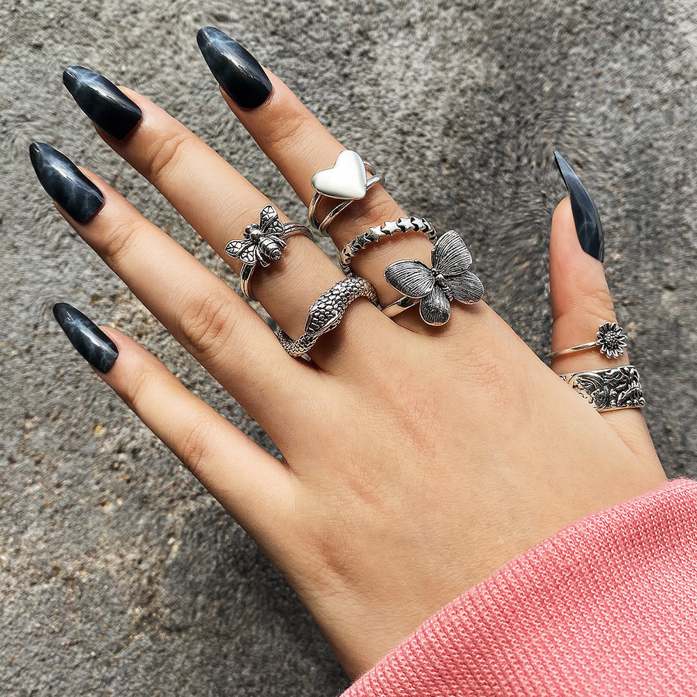 Three Piece Alloy Ring Set Featuring Heart Snake Butterfly Chain Bee Pentagram Shapes Anniversary Birthday Gift