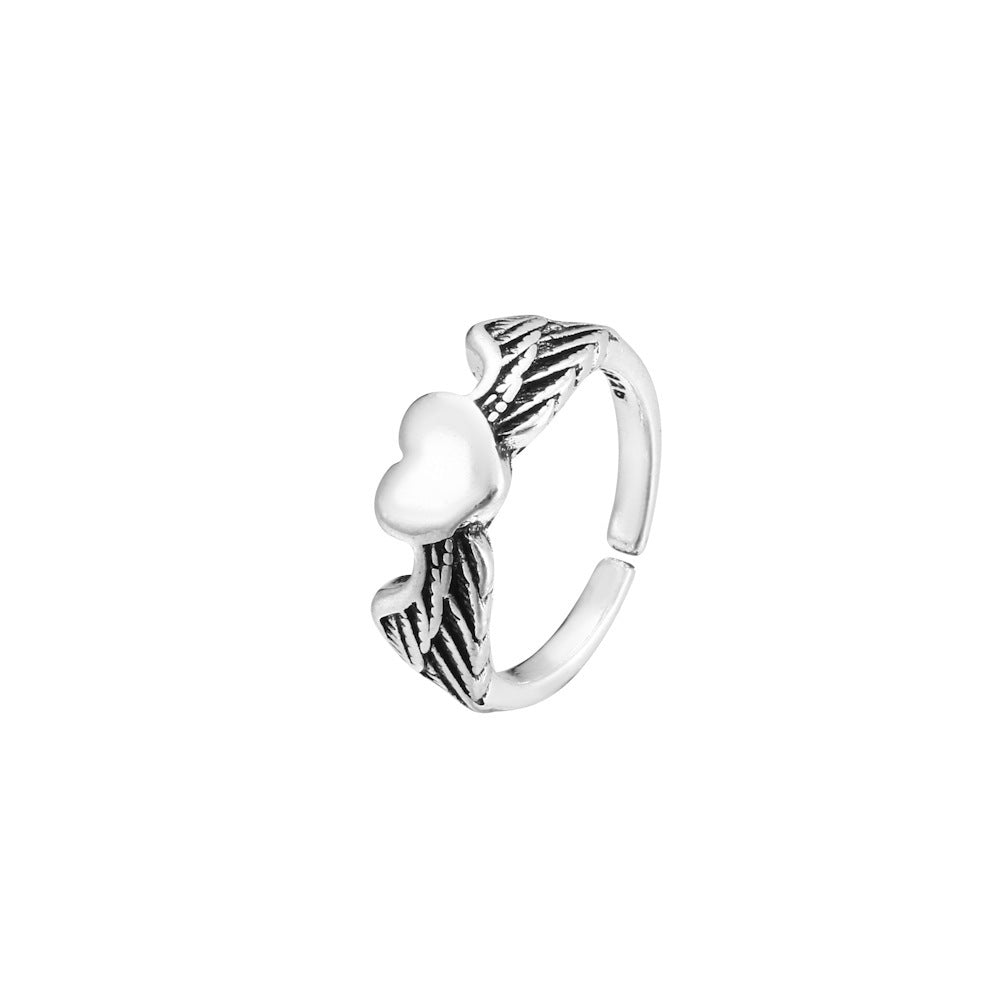 Unisex Heart Angel Wings Ring Adjustable OpeningSize Electroplated Alloy Geometric Ring Silver European Fashion