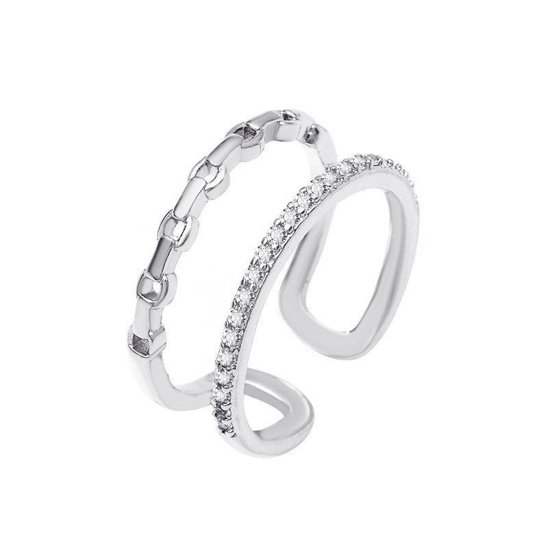 Geometric Hollow Ring Double Row Zircon Copper Band Ring for Women and Girls Everyday Wear Jewelry Gift Always