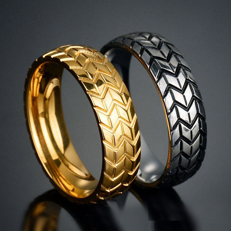Unisex Metal Geometric Carved Tire Ring Iridescent Design Automotive Ring Gift For Car Lovers Unique Band Ring