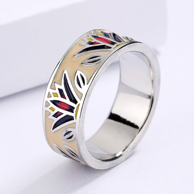 Womens Retro Colorful Enamel Flower Ring Epoxy Copper Jewelry For Women Daily Elegant Accessory Sparkle Finish
