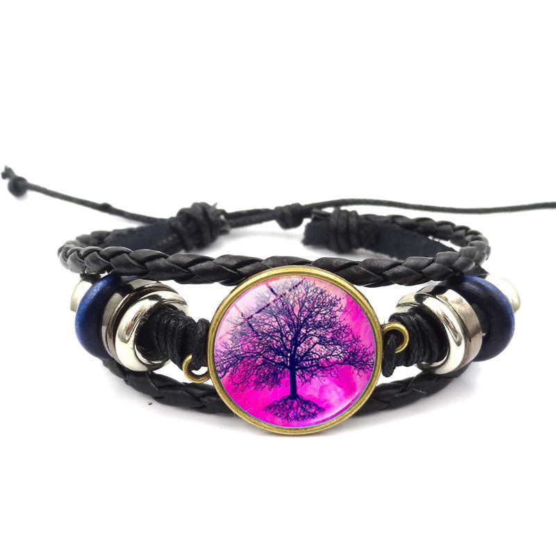 Tree of Life Handmade Multilayer Braided Leather Bracelet with Glass Charm Black Alloy Adjustable High Quality