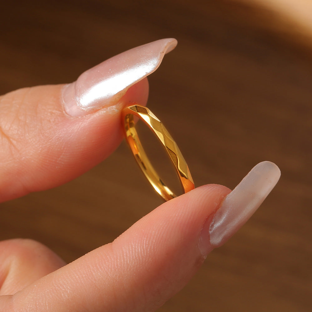 Personalized Minority All Match Fashion Geometry Pattern Prismatic Design Ring Golden Titanium Steel For Women