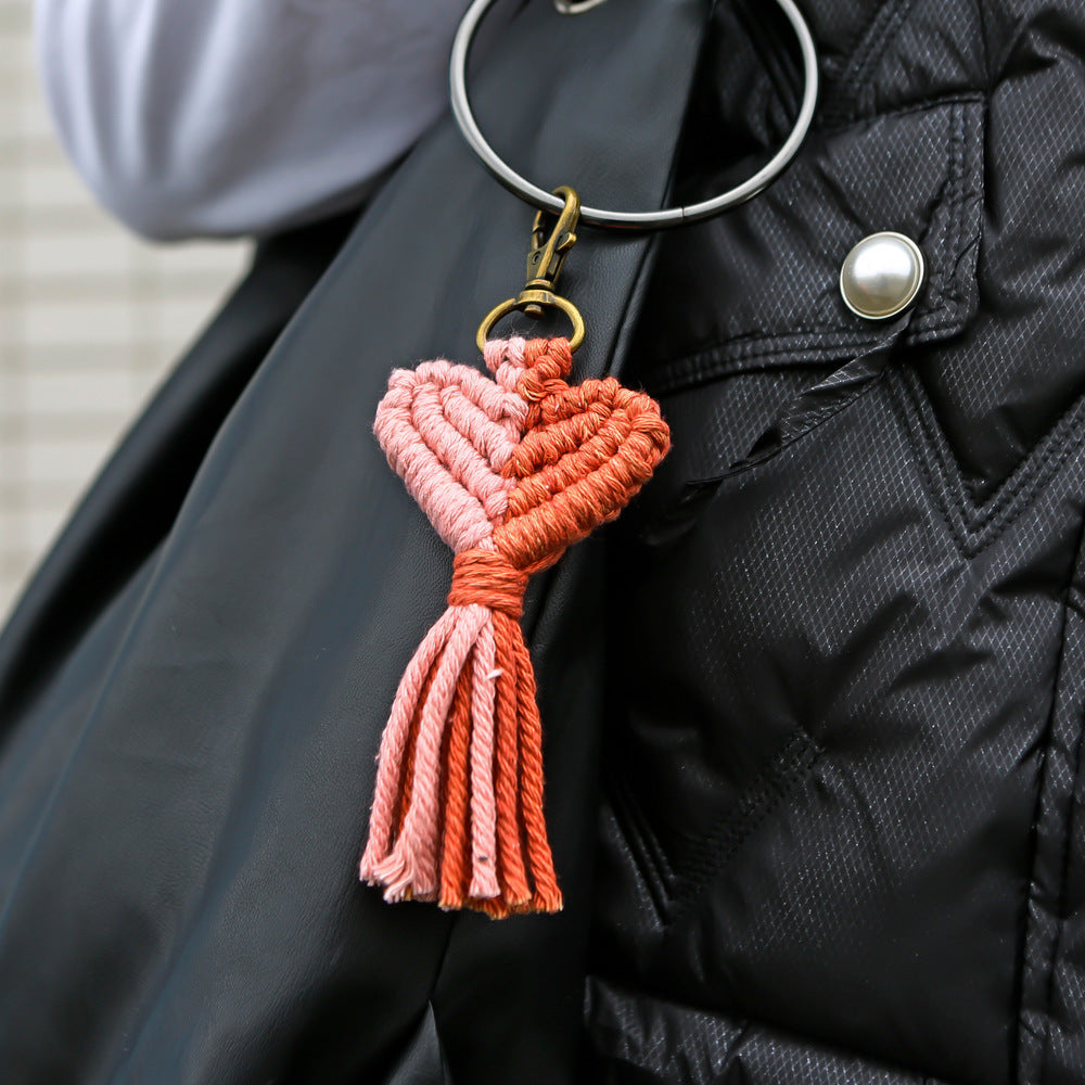 Woven Peach Heart Tassel Keychain With Cotton Rope And Simple Zinc Alloy Keyring Bag Charm Delicate For Everyday Use