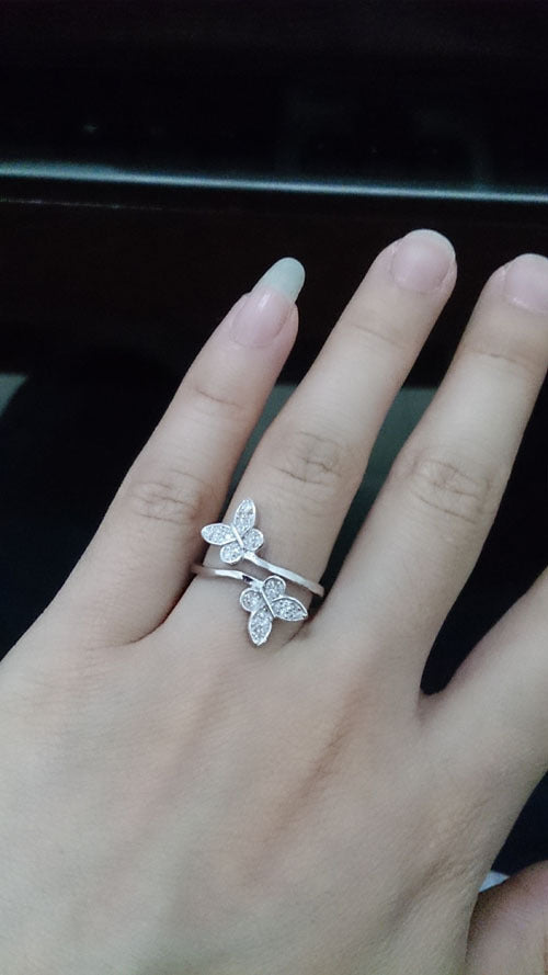 Sterling Silver Zircon Double Butterfly Ring For Women Korean Bowknot Style 925 Gemstone Ornament Gift Sparkling Stones