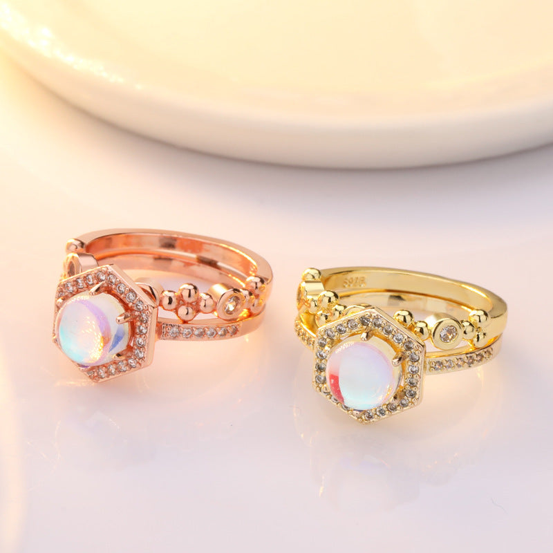 Moonstone Ring Yellow Gold Tone Copper Dainty Elegant Fashion Jewelry for Everyday Wear Anniversary Gift Accessory