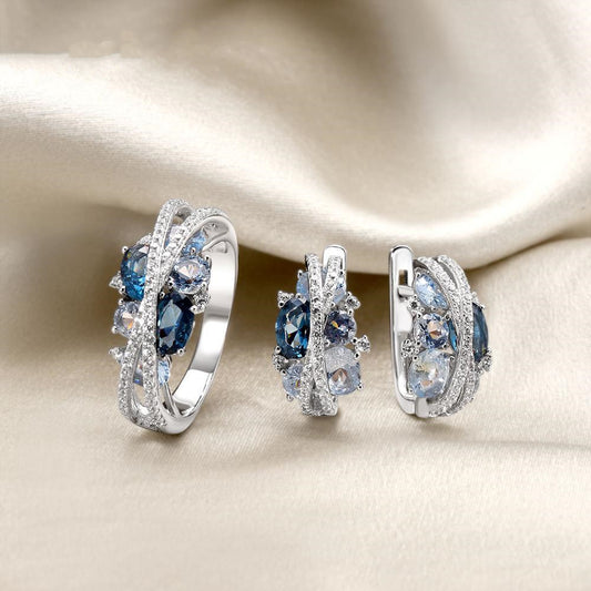 Women Flower Earrings And Ring Set Retro Hollow Zircon Alloy Electroplated Blue Diamond Jewelry For Women Now