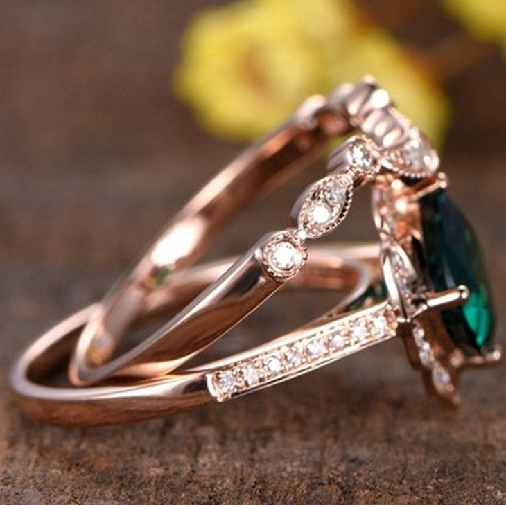Mother Emerald Green Zircon Ring With Sapphire Rose Gold Plated Geometry Style Unisex Couple Ring Set Size 6 7 8 9 10