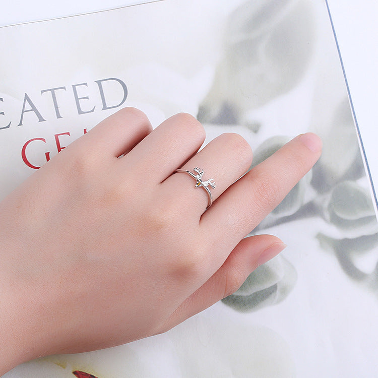 Womens Sterling Silver Antler Ring Adjustable Opening Elk Animal Zodiac Electroplated Ring Nano Anti Oxidation Protection Jewelry Gift For Her Single Ring