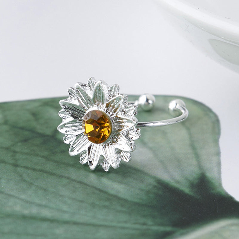 Womens Adjustable Ring With Daisy Sunflower Zircon Accent Durable Alloy Open Ring Fashion Jewelry For Her Gift