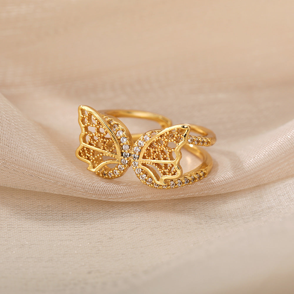 Womens Butterfly Zircon Copper Adjustable Ring Dainty Elegant Fashion Jewelry For Everyday Wear And Occasions