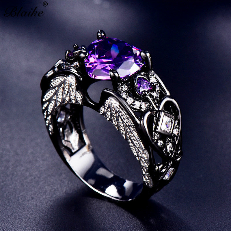 Women Heart Angel Wings Ring Gold Plated Copper Gemstone Fashion Jewelry Gifts For Her Elegant Statement Piece