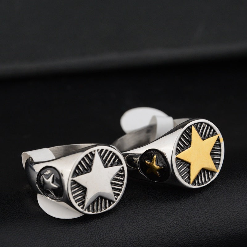 Unisex Stainless Steel Ring with Five Pointed Star Round Design Hip Hop Statement Ring Silver and Golden for Men and Women Fashion Jewelry