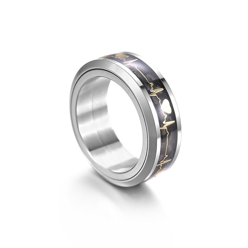Mens Titanium Steel Decompression Ring Unisex European American Style Letters Inlay Carbon Fiber Black Gold Flakes