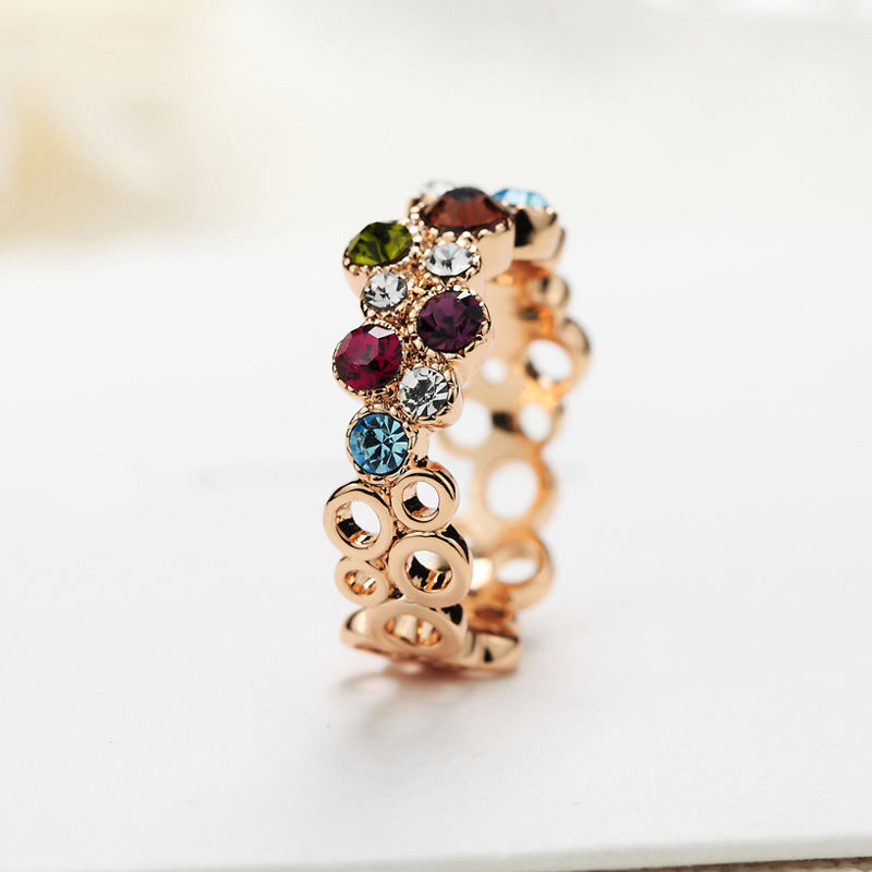 Geometric Rose Gold Electroplated Alloy Ring With Inlaid Gemstones Womens Fashion Jewelry Shine Crystal Sparkle