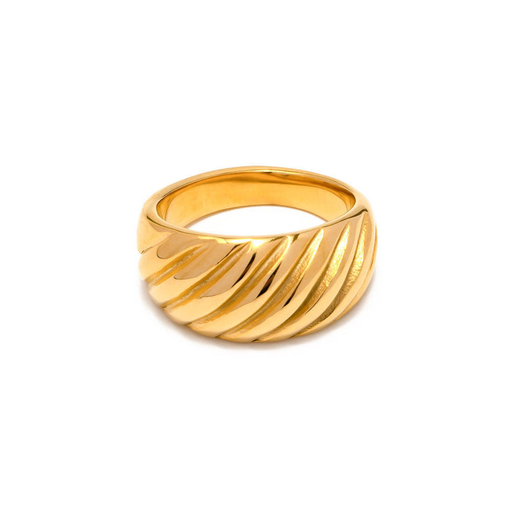 Unisex 18K Gold Plated Stainless Steel Wide Band Ring with Diagonal Texture Retro Design Durable Jewelry Style