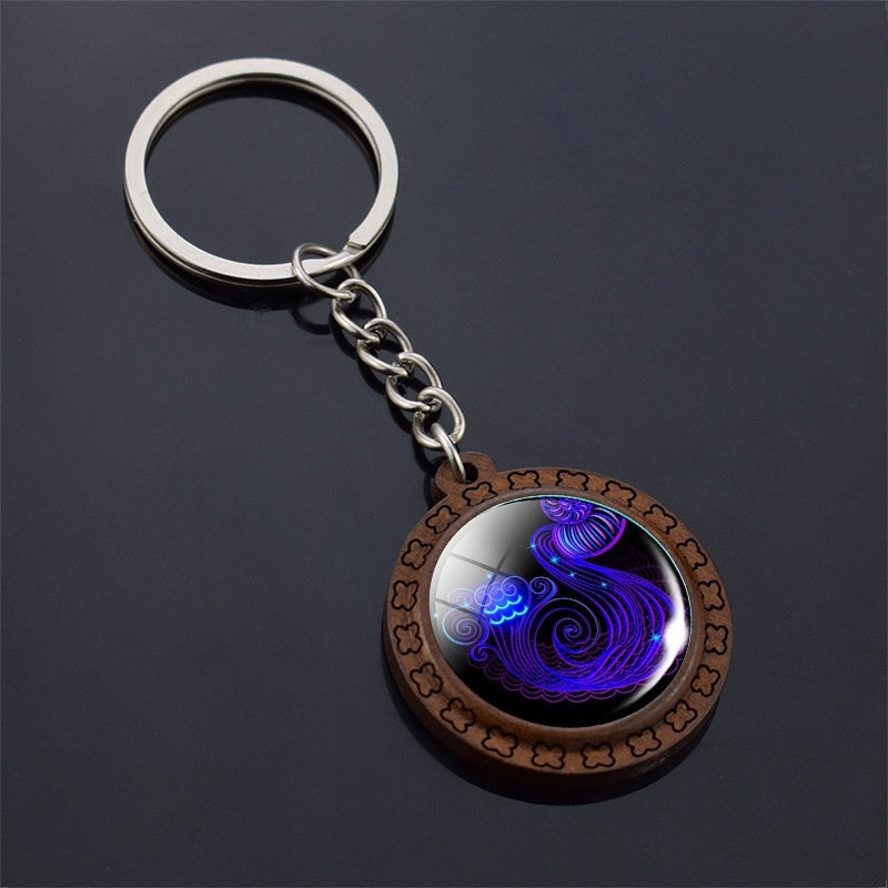 Wooden Carved Constellation Zodiac Keychain with Time Gem Pendant and Glass Accents for Purse Blue Finish Gift