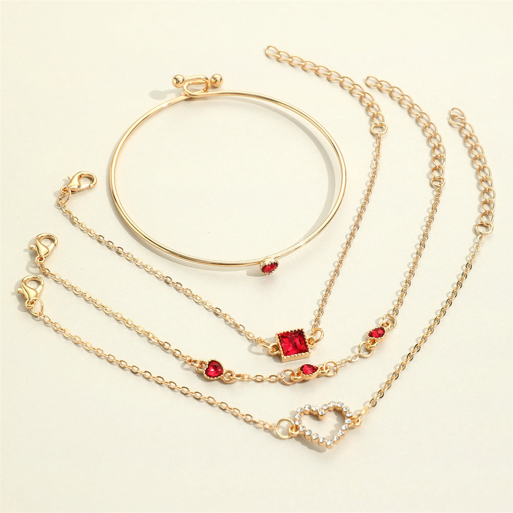 Womens Gem Heart Bracelet Jeweled Loving Peach Heart Zinc Alloy Bangle Set Jewelry Gift Gemstone Heart For Her