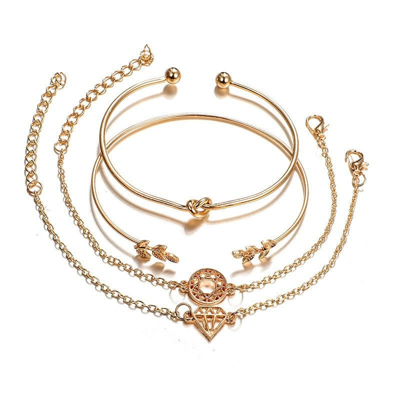 Women Gold Bracelet Set Leaf Knot Design With Gemstone Inlays Alloy Jewelry 4 Piece European Style Collection