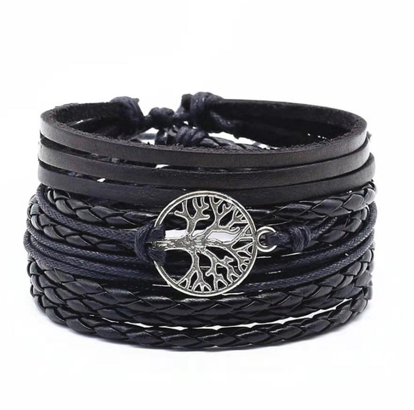 Mens Leather Braided Bracelet European Design Alloy Inlaid Gemstones Retro Geometric Accessory Woven Wristband