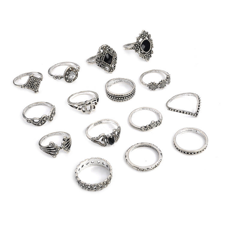 Unisex Ring Set 15 Piece Alloy Rings Lotus Diamond Water Drop Design With Electroplating and Oil Drip Finish Free Size