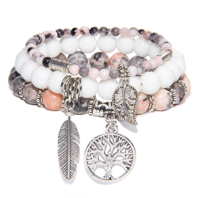 Unisex Agate Beads Bracelet Set With Tree Of Life Pendant