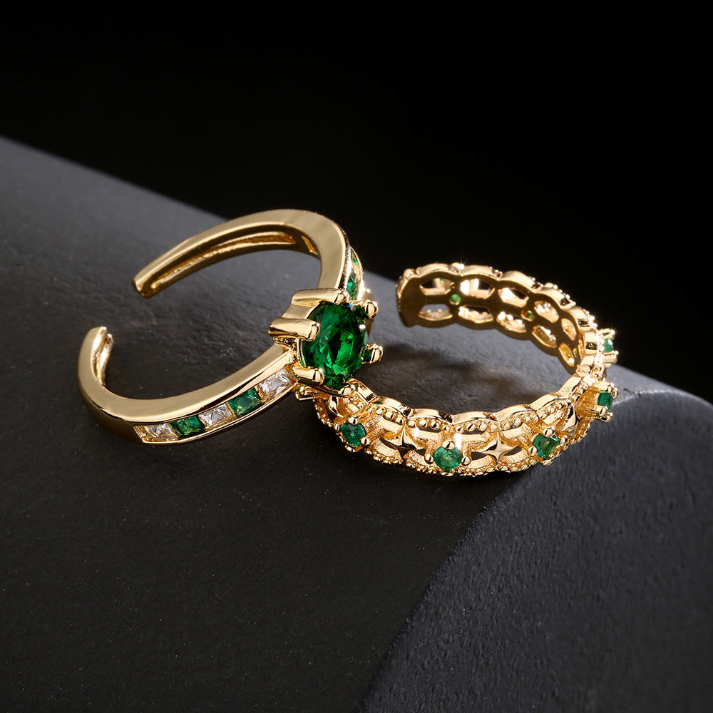 Women Retro Green Zircon Ring 18K Gold Plated Copper Micro Inlay Geometric Adjustable Jewelry Gift for Women