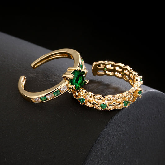 Women Retro Green Zircon Ring 18K Gold Plated Copper Micro Inlay Geometric Adjustable Jewelry Gift for Women