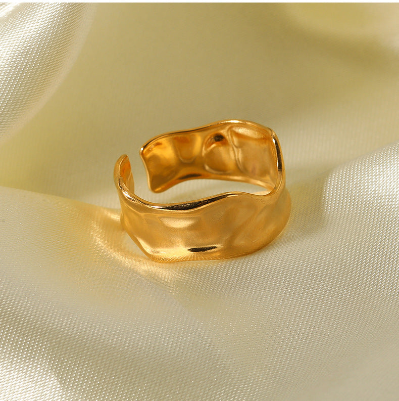 Unisex Stainless Steel Ring Irregular Tin Foil Textured Adjustable Index Finger Gold Tone Electroplated Jewelry