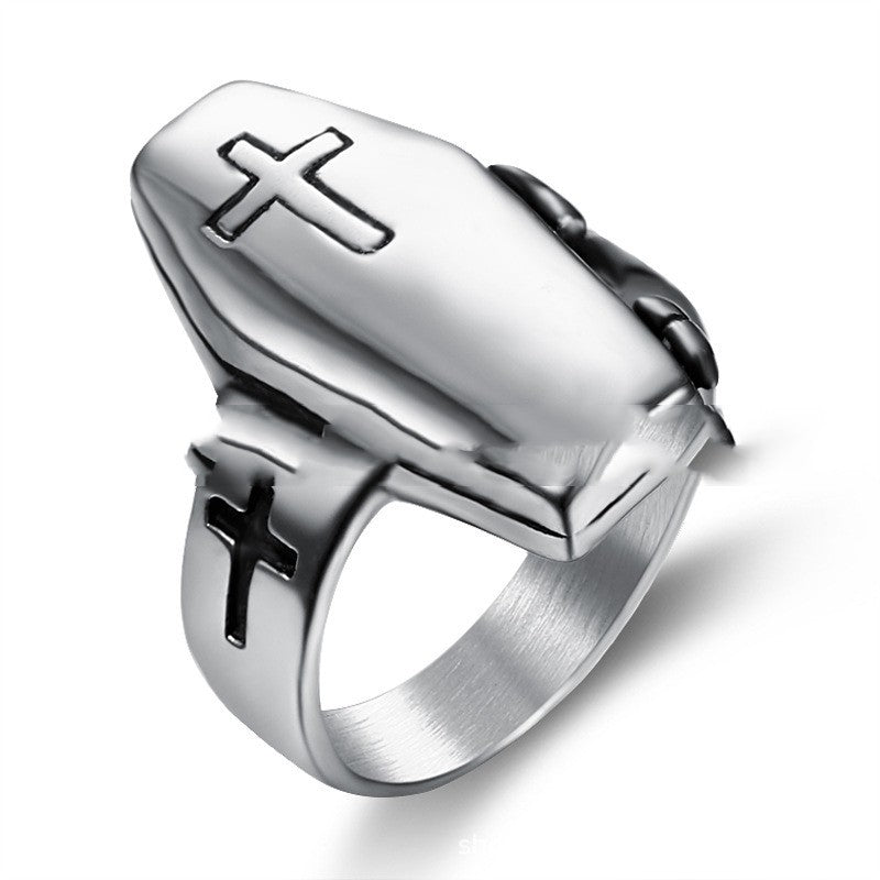 Mens Retro Zombie Coffin Ring Gothic Cross Stainless Steel