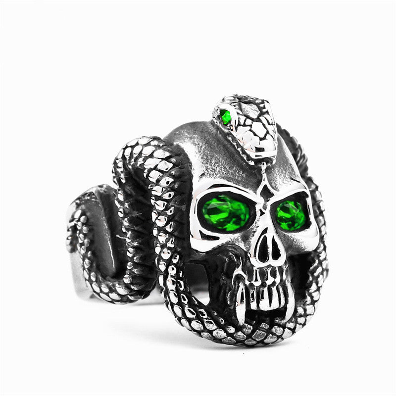 Men's Stainless Steel Skull Ring Demon Eyes Vampire Snake Design Diamond Accent Gothic Biker Statement Jewelry