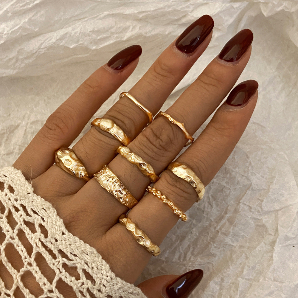 Unisex Geometric Rings Set 9 Piece Punk Metal Irregular Alloy Electroplated Statement Rings Retro Travel Unique