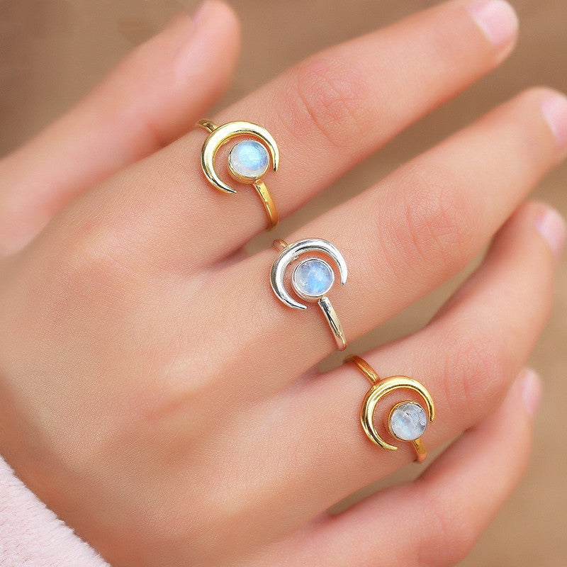 Moonstone Ring 925 Silver Plated Moon Design Jewelry Gift for Women Elegant Dainty Brass and White Steel Basis