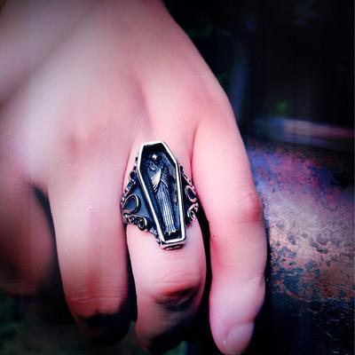 Mens Gothic Punk Vampire Coffin Ring Unique Design Titanium Steel Epoxy Jewelry With Cubic Zirconia Gift Today